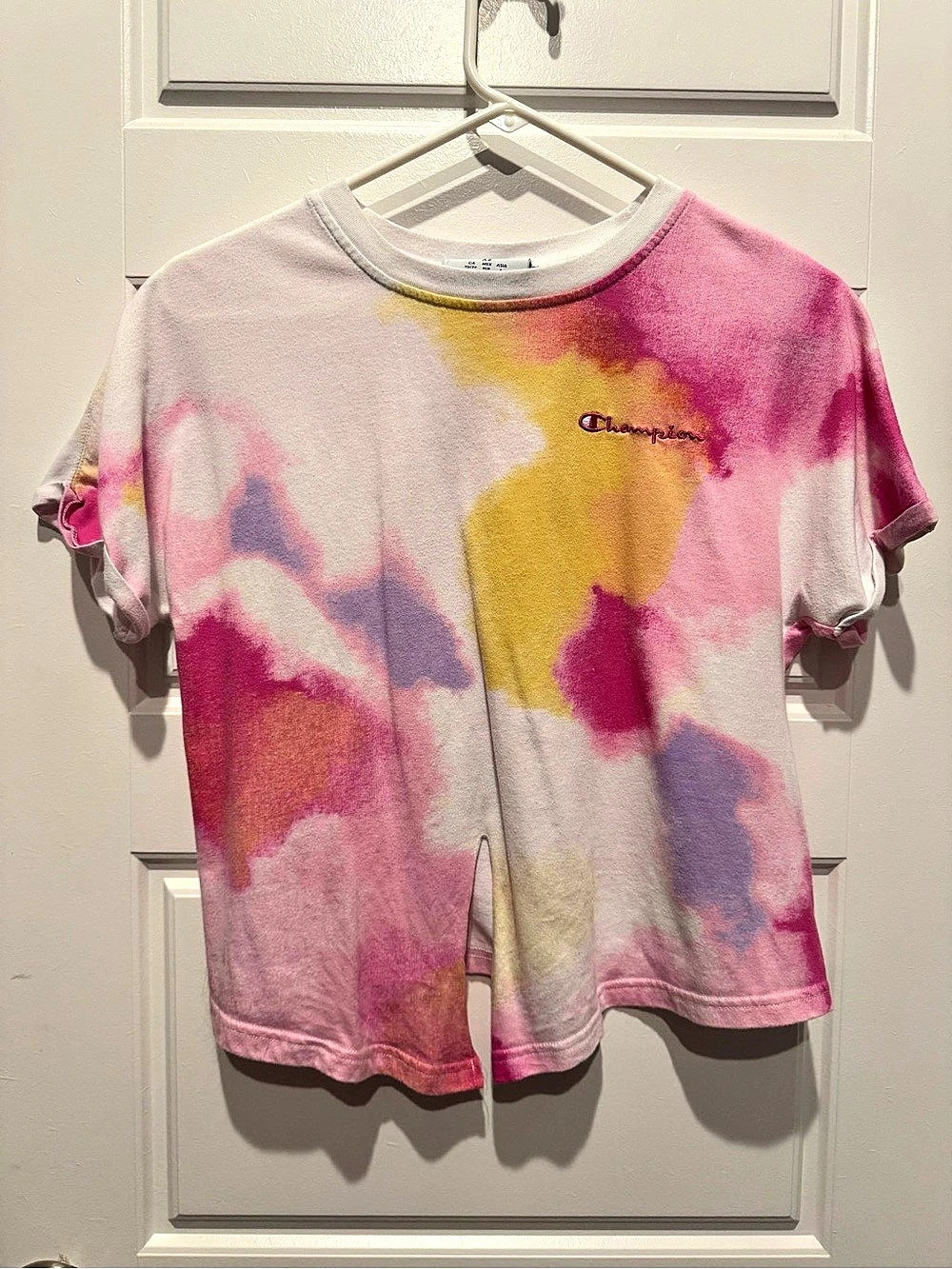 Champion Watercolor Tie-Dye Front-Knot Cropped Tee in Pink & Purple Size XS